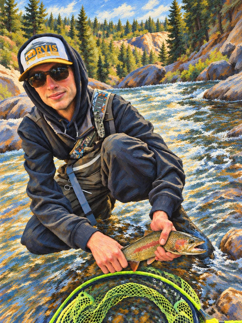 Painted portrait of Christian crouching in a river, holding a trout above a green fishing net, with pines and canyon rock behind.