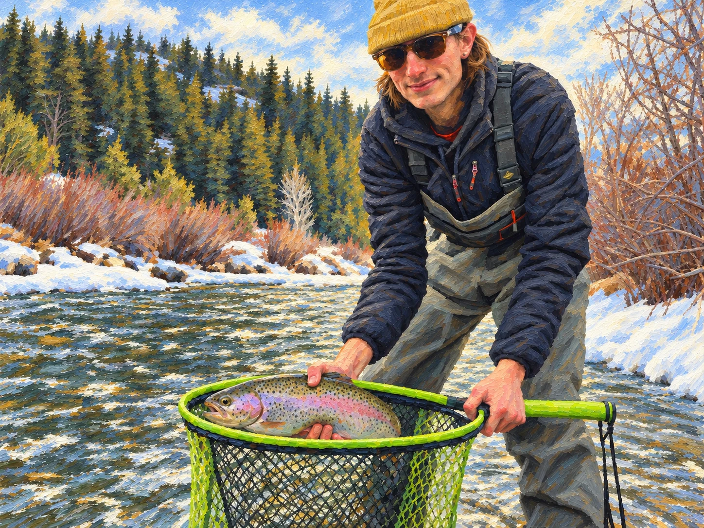 AI-painted scene of Christian in a river with a trout resting in a green fishing net, trees along the bank.